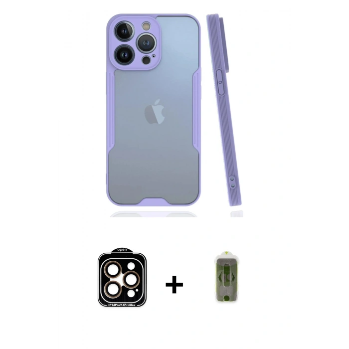 MARSİLYAN™- iPhone 14 Pro Max Kılıf Atlas Asil Serisi - Siyah Joko Magic 5D Hayalet Cam + Turuncu PVD Metal Kamera Lens