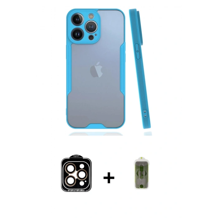 MARSİLYAN™- iPhone 14 Pro Max Kılıf Atlas Asil Serisi - Siyah Joko Magic 5D Hayalet Cam + Turuncu PVD Metal Kamera Lens