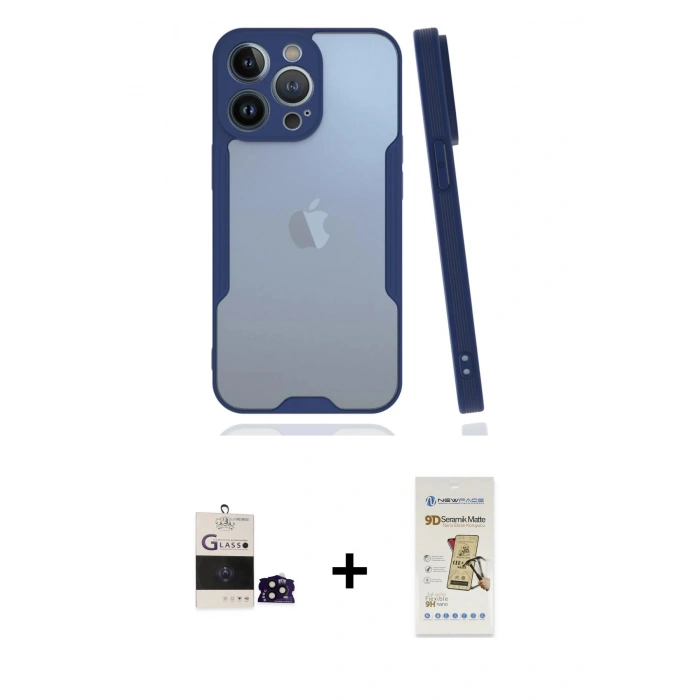 MARSİLYAN™- iPhone 14 Pro Max Kılıf Atlas Asil Serisi - Siyah Mat Seramik Nano Ekran Koruyucu + Bilvis Titan Kamera Lens - SH