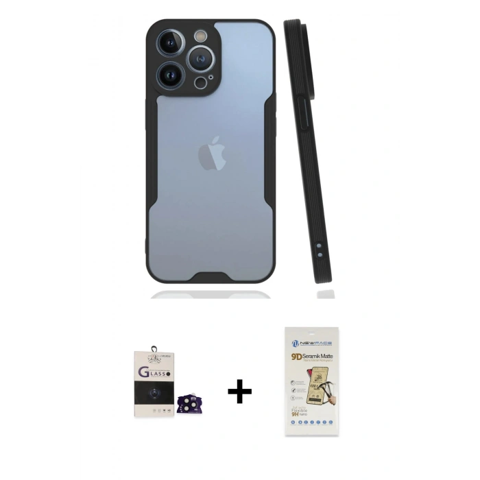 MARSİLYAN™- iPhone 14 Pro Max Kılıf Atlas Asil Serisi - Siyah Mat Seramik Nano Ekran Koruyucu + Bilvis Titan Kamera Lens - SH