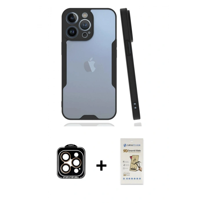 MARSİLYAN™- iPhone 14 Pro Max Kılıf Atlas Asil Serisi - Siyah Mat Seramik Nano Ekran Koruyucu + PVD Metal Kamera Lens - TU