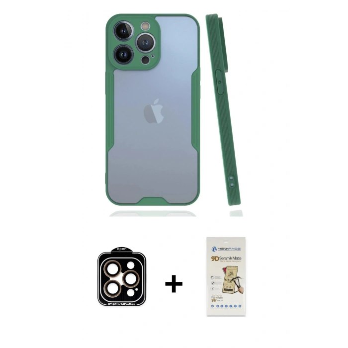 MARSİLYAN™- iPhone 14 Pro Max Kılıf Atlas Asil Serisi - Siyah Mat Seramik Nano Ekran Koruyucu + PVD Metal Kamera Lens - TU