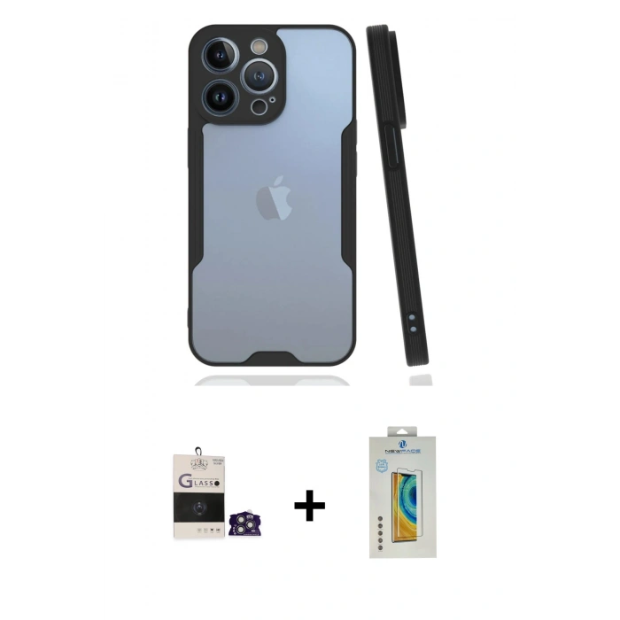 MARSİLYAN™- iPhone 14 Pro Max Kılıf Atlas Asil Serisi - Siyah Polymer Nano Ekran Koruyucu + Bilvis Titan Kamera Lens - GS