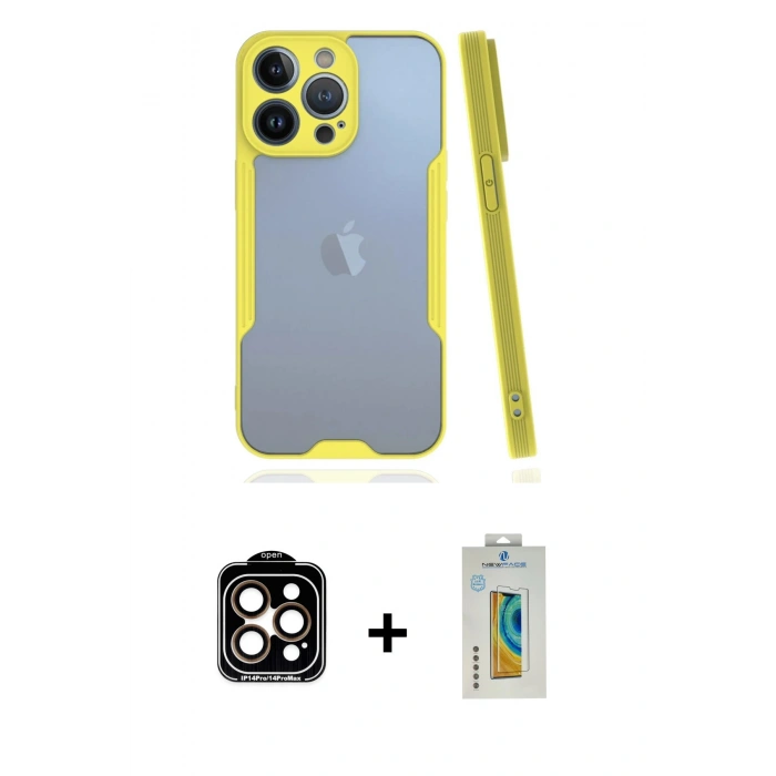 MARSİLYAN™- iPhone 14 Pro Max Kılıf Atlas Asil Serisi - Siyah Polymer Nano Ekran Koruyucu + PVD Metal Kamera Lens - TU