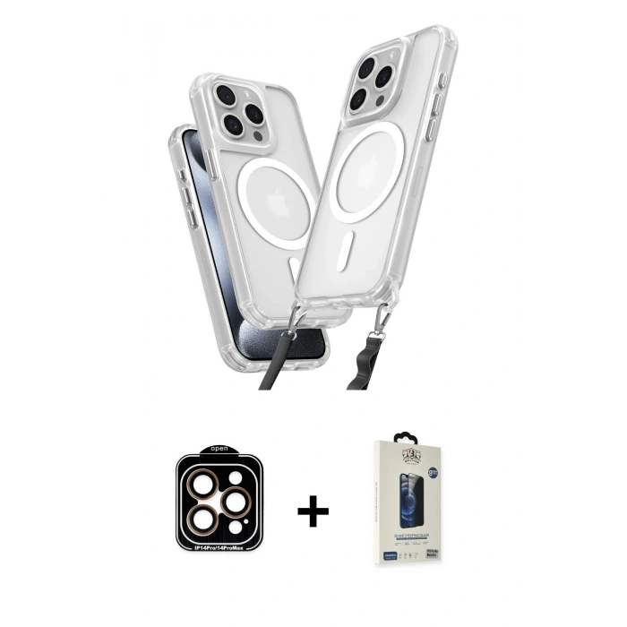 MARSİLYAN™- iPhone 14 Pro Max Kılıf Atlas Doku Koleksiyonu - Siyah Bilvis Hayalet Cam Ekran Koruyucu + PVD Metal Kamera Lens - TU