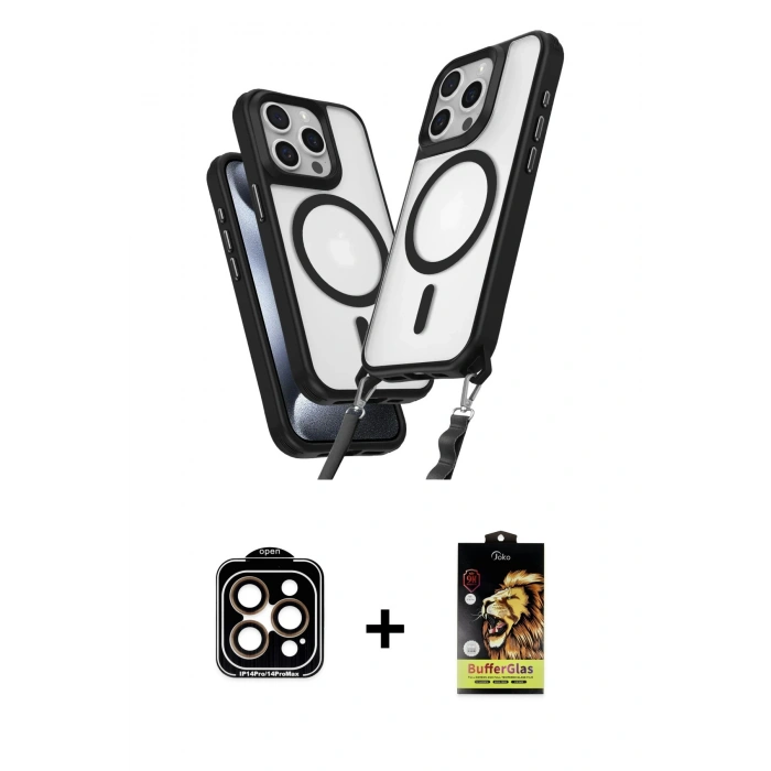 MARSİLYAN™- iPhone 14 Pro Max Kılıf Atlas Doku Koleksiyonu - Siyah Buffer Cam Ekran Koruyucu + PVD Metal Kamera Lens - TU