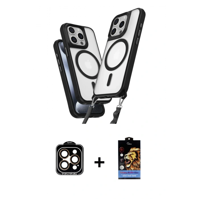 MARSİLYAN™- iPhone 14 Pro Max Kılıf Atlas Doku Koleksiyonu - Siyah Buffer Hayalet Cam Ekran Koruyucu + PVD Metal Kamera Lens - TU