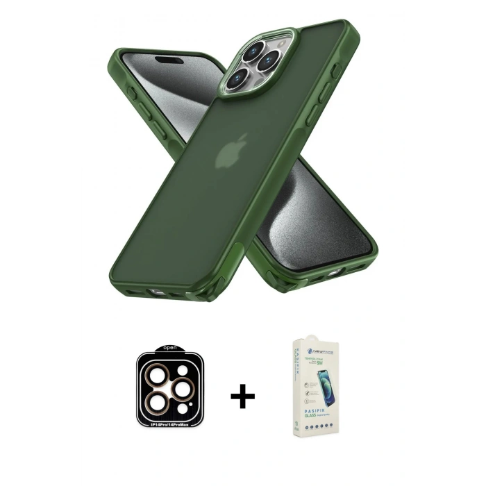MARSİLYAN™- iPhone 14 Pro Max Kılıf Atlas Form - Şeffaf Pasifik Cam Ekran Koruyucu + PVD Metal Kamera Lens - TU