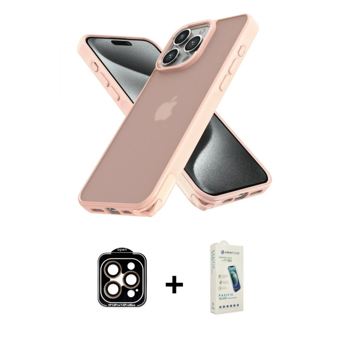 MARSİLYAN™- iPhone 14 Pro Max Kılıf Atlas Form - Şeffaf Pasifik Cam Ekran Koruyucu + PVD Metal Kamera Lens - TU