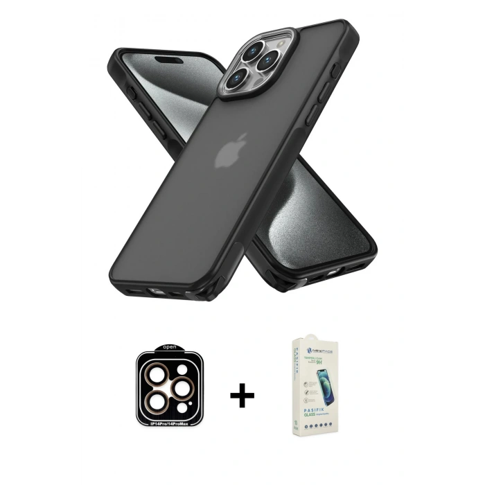 MARSİLYAN™- iPhone 14 Pro Max Kılıf Atlas Form - Şeffaf Pasifik Cam Ekran Koruyucu + PVD Metal Kamera Lens - TU
