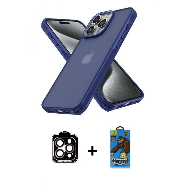 MARSİLYAN™- iPhone 14 Pro Max Kılıf Atlas Form - Siyah 18D Cam Ekran Koruyucu + PVD Metal Kamera Lens - TU
