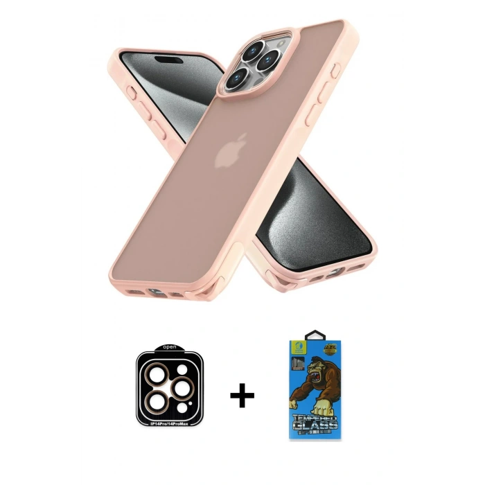 MARSİLYAN™- iPhone 14 Pro Max Kılıf Atlas Form - Siyah 18D Cam Ekran Koruyucu + PVD Metal Kamera Lens - TU