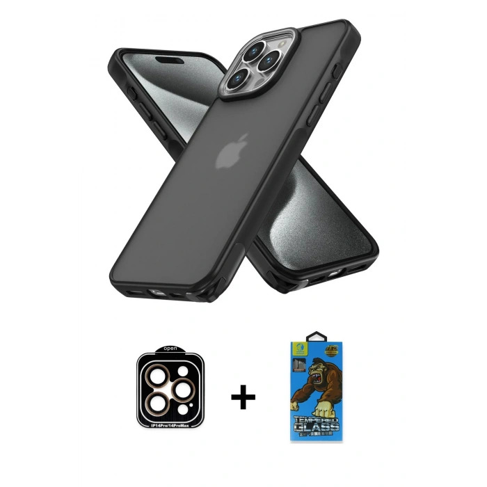 MARSİLYAN™- iPhone 14 Pro Max Kılıf Atlas Form - Siyah 18D Cam Ekran Koruyucu + PVD Metal Kamera Lens - TU