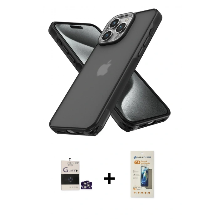 MARSİLYAN™- iPhone 14 Pro Max Kılıf Atlas Form - Siyah 6D Mat Seramik Hayalet Nano Ekran Koruyucu + Bilvis Titan Kamera Lens - GS