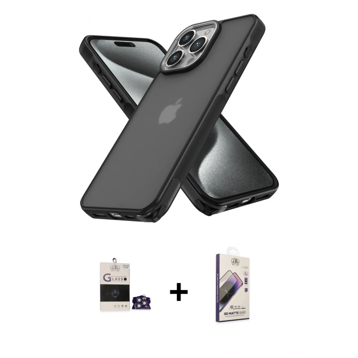 MARSİLYAN™- iPhone 14 Pro Max Kılıf Atlas Form - Siyah Bilvis 3D Mat Cam Ekran Koruyucu + Bilvis Titan Kamera Lens - GS