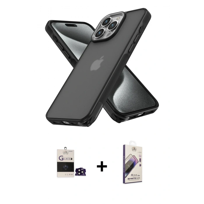 MARSİLYAN™- iPhone 14 Pro Max Kılıf Atlas Form - Siyah Bilvis 3D Mat Cam Ekran Koruyucu + Bilvis Titan Kamera Lens - SH