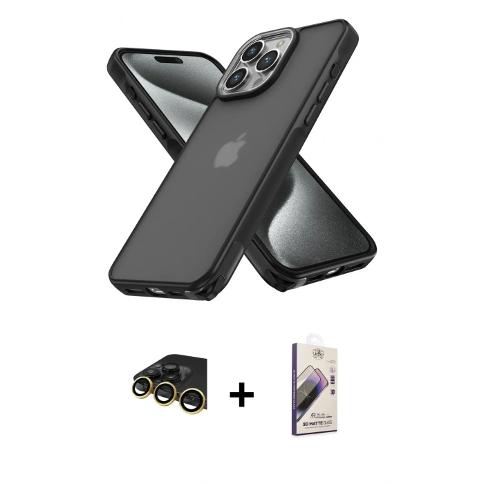 MARSİLYAN™- iPhone 14 Pro Max Kılıf Atlas Form - Siyah Bilvis 3D Mat Cam Ekran Koruyucu + Raze Metal Kamera Lens - GD
