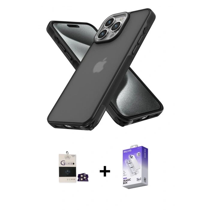 MARSİLYAN™- iPhone 14 Pro Max Kılıf Atlas Form - Siyah Bilvis 5in1 3D Magic Cam Ekran Koruyucu + Bilvis Titan Kamera Lens - GD