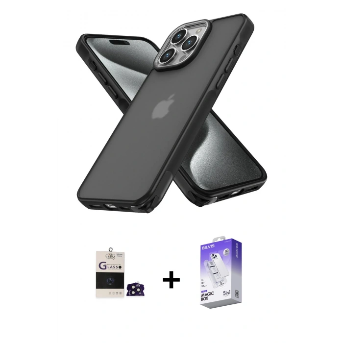 MARSİLYAN™- iPhone 14 Pro Max Kılıf Atlas Form - Siyah Bilvis 5in1 3D Magic Cam Ekran Koruyucu + Bilvis Titan Kamera Lens - DNMR