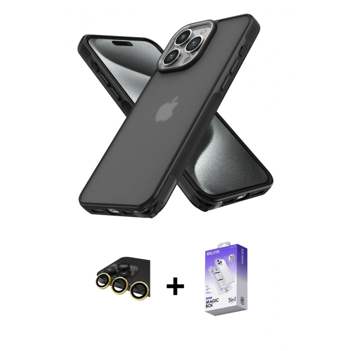 MARSİLYAN™- iPhone 14 Pro Max Kılıf Atlas Form - Siyah Bilvis 5in1 3D Magic Cam Ekran Koruyucu + Raze Metal Kamera Lens - GD