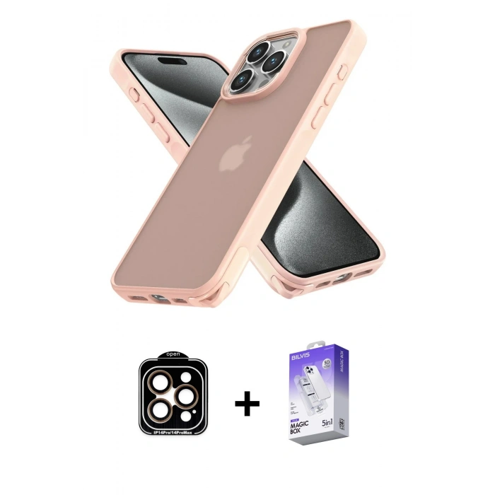 MARSİLYAN™- iPhone 14 Pro Max Kılıf Atlas Form - Siyah Bilvis 5in1 3D Magic Cam Ekran Koruyucu + PVD Metal Kamera Lens - TU