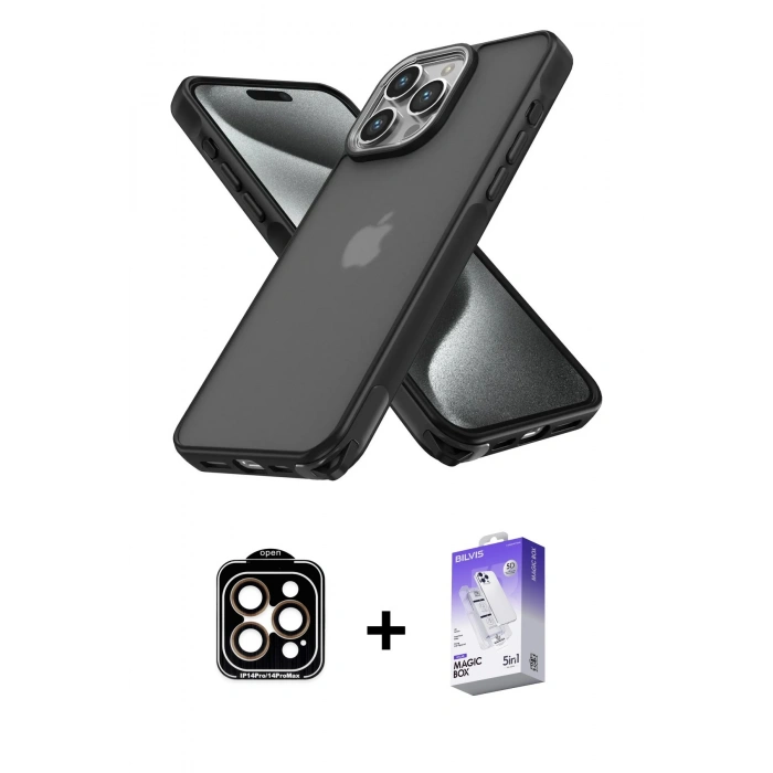 MARSİLYAN™- iPhone 14 Pro Max Kılıf Atlas Form - Siyah Bilvis 5in1 3D Magic Cam Ekran Koruyucu + PVD Metal Kamera Lens - TU
