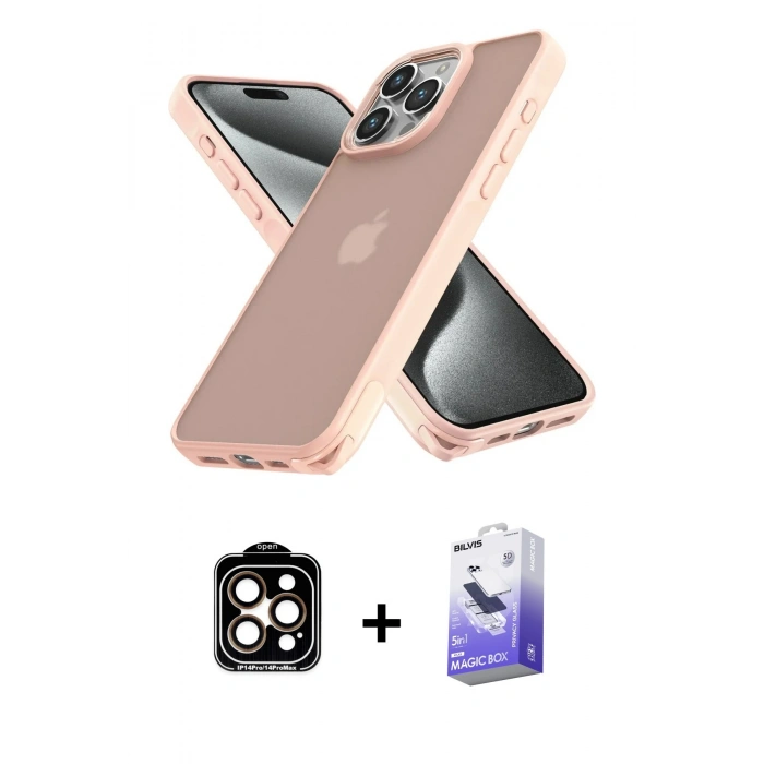 MARSİLYAN™- iPhone 14 Pro Max Kılıf Atlas Form - Siyah Bilvis 5in1 5D Magic Hayalet Cam Ekran Koruyucu + PVD Metal Kamera Lens - TU