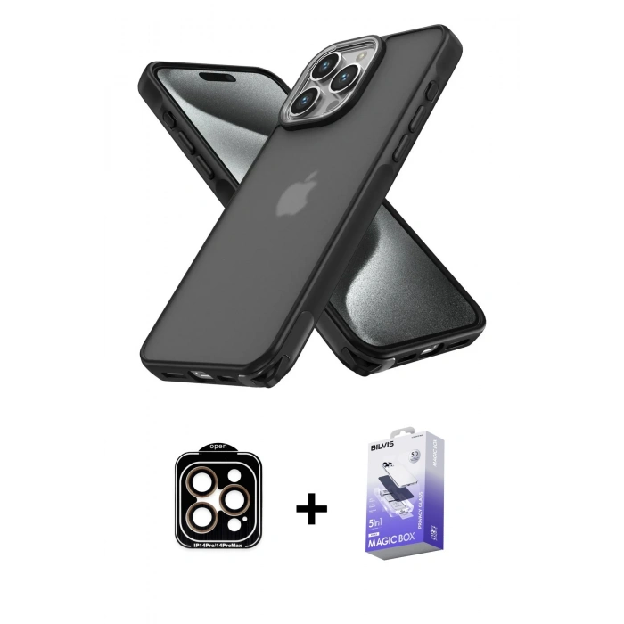 MARSİLYAN™- iPhone 14 Pro Max Kılıf Atlas Form - Siyah Bilvis 5in1 5D Magic Hayalet Cam Ekran Koruyucu + PVD Metal Kamera Lens - TU