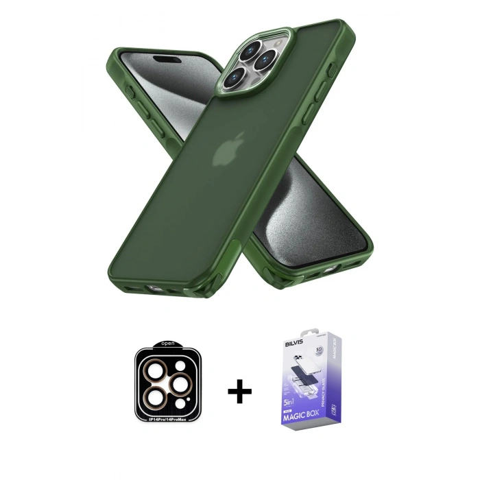 MARSİLYAN™- iPhone 14 Pro Max Kılıf Atlas Form - Siyah Bilvis 5in1 5D Magic Hayalet Cam Ekran Koruyucu + PVD Metal Kamera Lens - TU