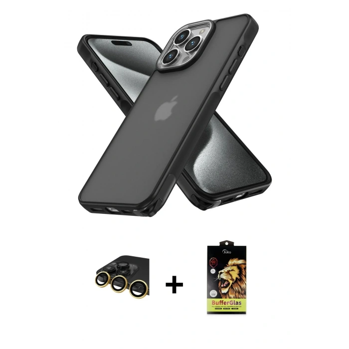 MARSİLYAN™- iPhone 14 Pro Max Kılıf Atlas Form - Siyah Buffer Cam Ekran Koruyucu + Gold Raze Metal Kamera Lens