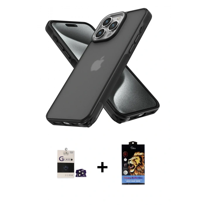 MARSİLYAN™- iPhone 14 Pro Max Kılıf Atlas Form - Siyah Buffer Hayalet Cam Ekran Koruyucu + Bilvis Titan Kamera Lens - DNMR