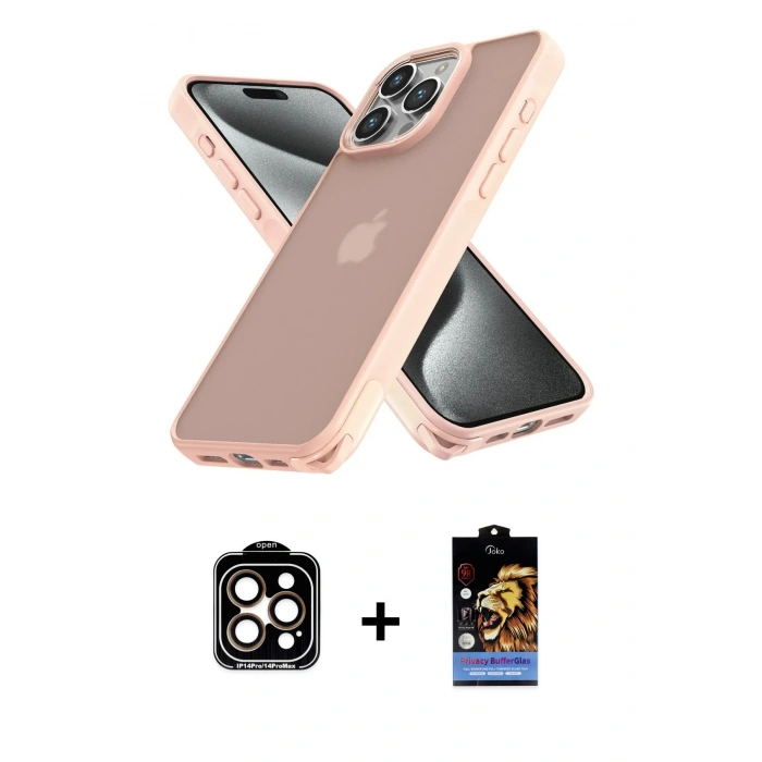 MARSİLYAN™- iPhone 14 Pro Max Kılıf Atlas Form - Siyah Buffer Hayalet Cam Ekran Koruyucu + PVD Metal Kamera Lens - TU