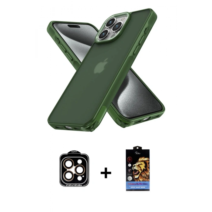 MARSİLYAN™- iPhone 14 Pro Max Kılıf Atlas Form - Siyah Buffer Hayalet Cam Ekran Koruyucu + PVD Metal Kamera Lens - TU