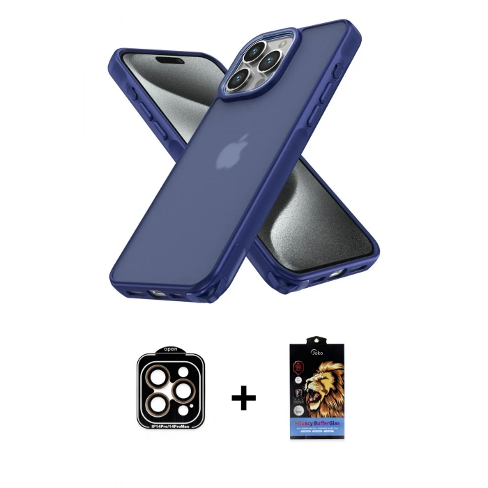 MARSİLYAN™- iPhone 14 Pro Max Kılıf Atlas Form - Siyah Buffer Hayalet Cam Ekran Koruyucu + PVD Metal Kamera Lens - TU