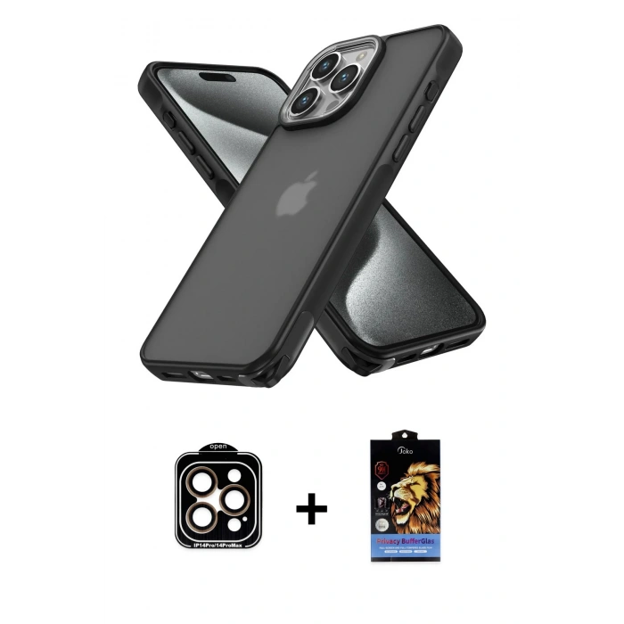 MARSİLYAN™- iPhone 14 Pro Max Kılıf Atlas Form - Siyah Buffer Hayalet Cam Ekran Koruyucu + PVD Metal Kamera Lens - TU