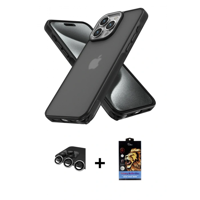 MARSİLYAN™- iPhone 14 Pro Max Kılıf Atlas Form - Siyah Buffer Hayalet Cam Ekran Koruyucu + Raze Metal Kamera Lens - GS