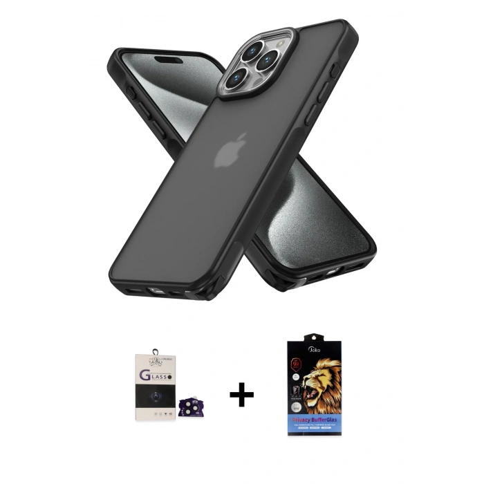 MARSİLYAN™- iPhone 14 Pro Max Kılıf Atlas Form - Siyah Buffer Hayalet Cam Ekran Koruyucu + Siyah Bilvis Titan Kamera Lens