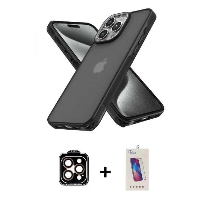 MARSİLYAN™- iPhone 14 Pro Max Kılıf Atlas Form - Siyah Joko 5D Cam + PVD Metal Kamera Lens - TU