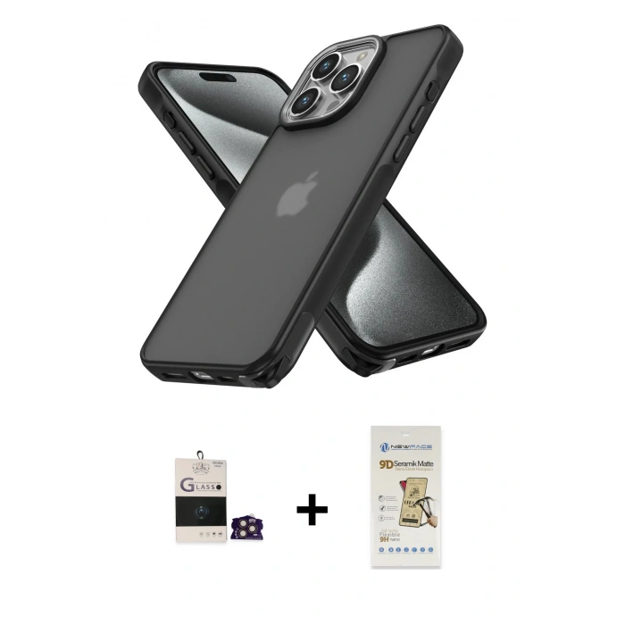 MARSİLYAN™- iPhone 14 Pro Max Kılıf Atlas Form - Siyah Mat Seramik Nano Ekran Koruyucu + Bilvis Titan Kamera Lens - GD