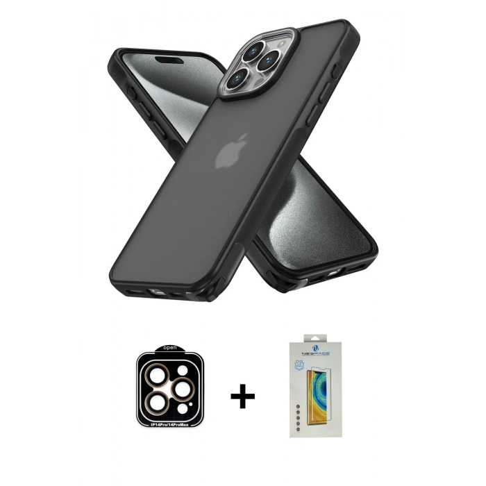 MARSİLYAN™- iPhone 14 Pro Max Kılıf Atlas Form - Siyah Polymer Nano Ekran Koruyucu + PVD Metal Kamera Lens - TU