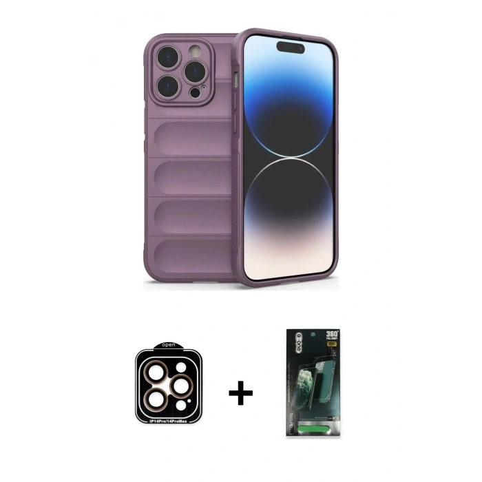 MARSİLYAN™- iPhone 14 Pro Max Kılıf Atlas Koleksiyonu - Şeffaf 360 Full Body Arka Koruyucu + Turuncu PVD Metal Kamera Lens