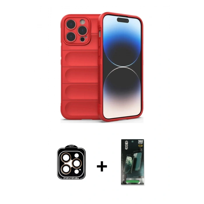 MARSİLYAN™- iPhone 14 Pro Max Kılıf Atlas Koleksiyonu - Şeffaf 360 Full Body Arka Koruyucu + Turuncu PVD Metal Kamera Lens