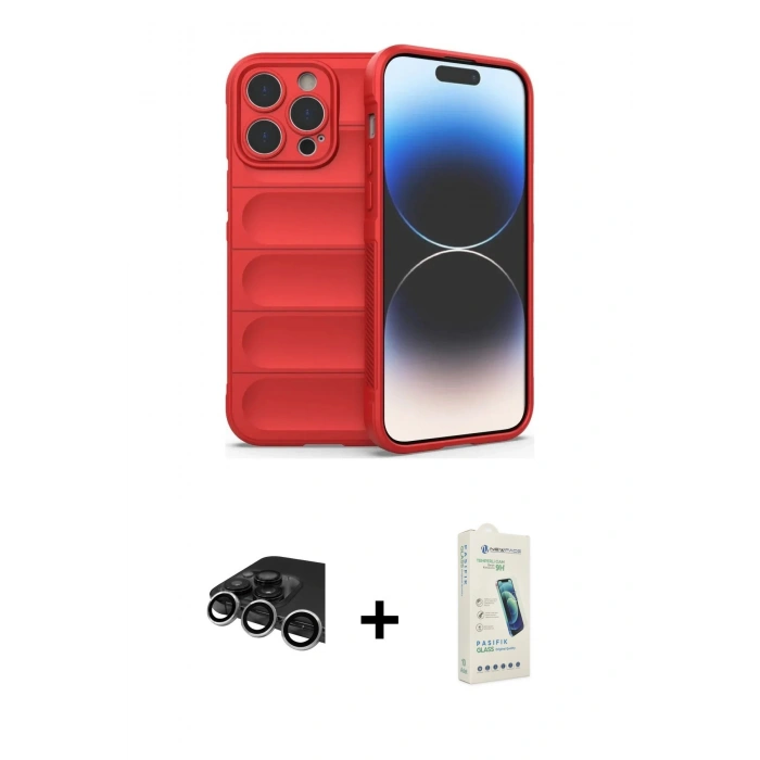 MARSİLYAN™- iPhone 14 Pro Max Kılıf Atlas Koleksiyonu - Şeffaf Pasifik Cam Ekran Koruyucu + Raze Metal Kamera Lens - GS