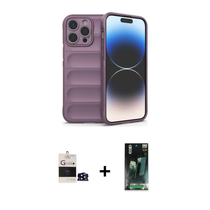 MARSİLYAN™- iPhone 14 Pro Max Kılıf Atlas Koleksiyonu - Siyah 360 Mat Full Body Arka Koruyucu + Bilvis Titan Kamera Lens - SH