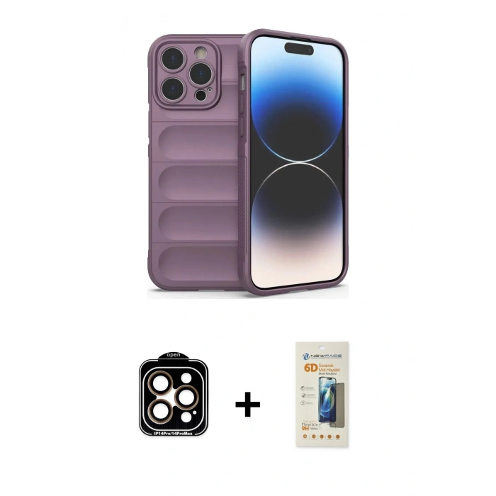 MARSİLYAN™- iPhone 14 Pro Max Kılıf Atlas Koleksiyonu - Siyah 6D Mat Seramik Hayalet Nano Ekran Koruyucu + PVD Metal Kamera Lens - TU