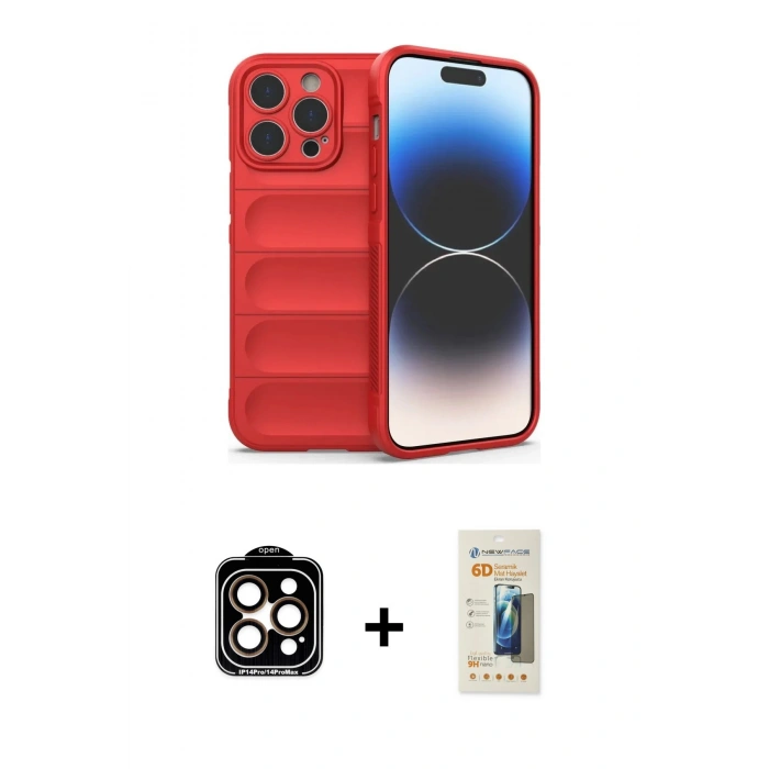 MARSİLYAN™- iPhone 14 Pro Max Kılıf Atlas Koleksiyonu - Siyah 6D Mat Seramik Hayalet Nano Ekran Koruyucu + PVD Metal Kamera Lens - TU