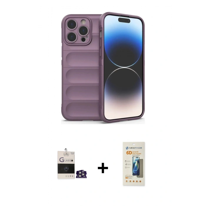 MARSİLYAN™- iPhone 14 Pro Max Kılıf Atlas Koleksiyonu - Siyah 6D Mat Seramik Hayalet Nano Ekran Koruyucu + Bilvis Titan Kamera Lens - GS