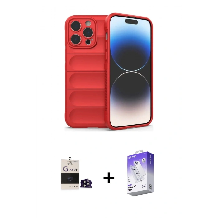 MARSİLYAN™- iPhone 14 Pro Max Kılıf Atlas Koleksiyonu - Siyah Bilvis 5in1 3D Magic Cam Ekran Koruyucu + Bilvis Titan Kamera Lens - SH