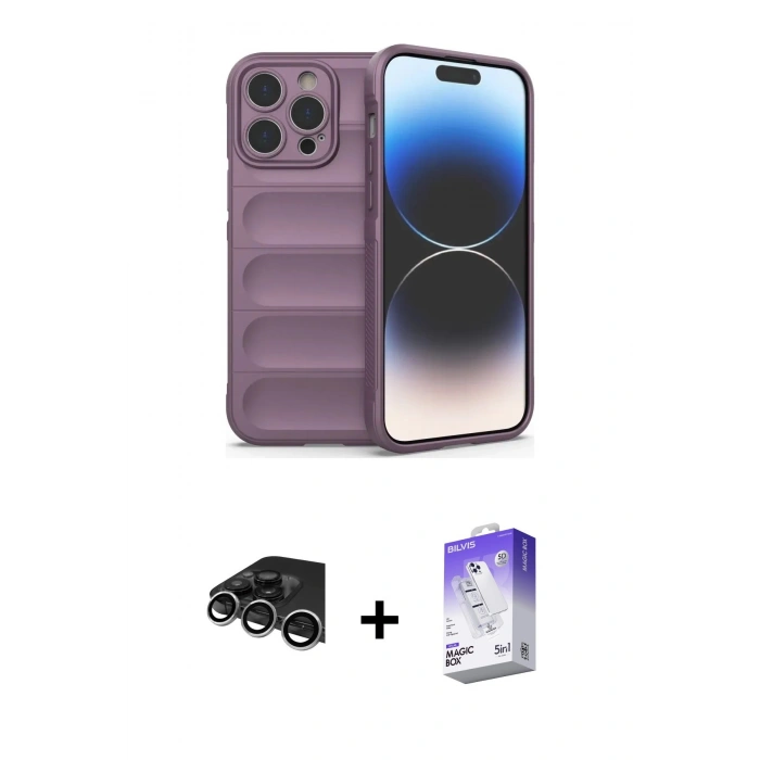 MARSİLYAN™- iPhone 14 Pro Max Kılıf Atlas Koleksiyonu - Siyah Bilvis 5in1 3D Magic Cam Ekran Koruyucu + Raze Metal Kamera Lens - GS