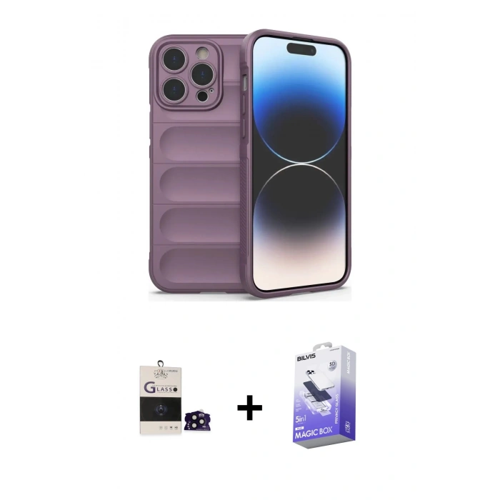 MARSİLYAN™- iPhone 14 Pro Max Kılıf Atlas Koleksiyonu - Siyah Bilvis 5in1 5D Magic Hayalet Cam Ekran Koruyucu + Siyah Bilvis Titan Kamera Lens
